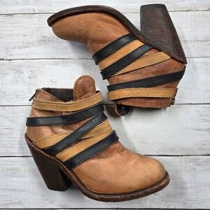 Independent Boot Company Leather Wrap Ankle Boots Women 6 Tan Black Western Heel